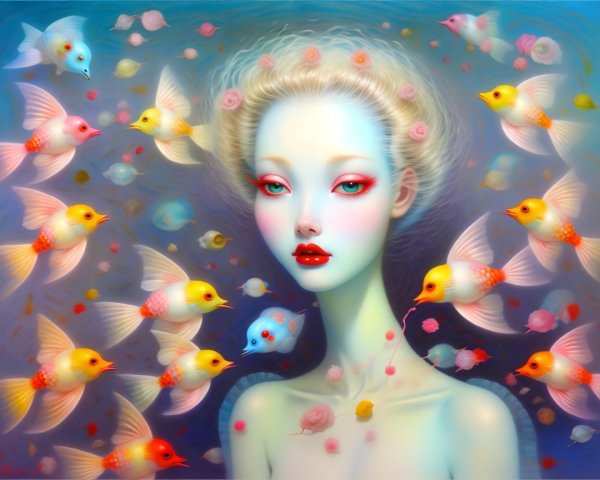 Ethereal figure with whimsical fish and roses backdrop