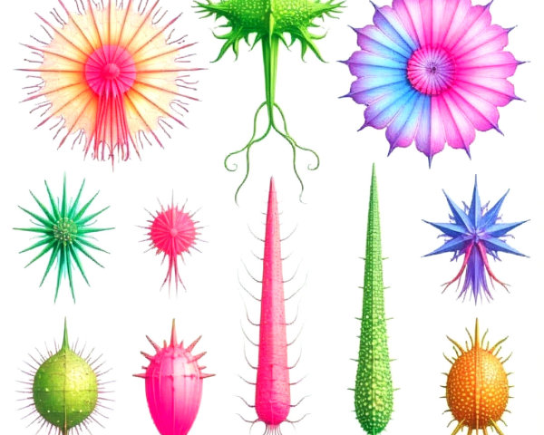 Colorful Scientific Illustration of Various Radiolarians