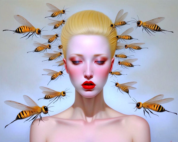 Woman with Bold Makeup Surrounded by Bees