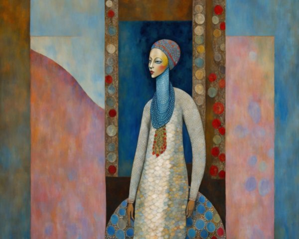 Whimsical Long-Necked Woman in Abstract Background