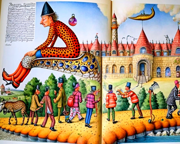 Whimsical illustration of a colorful parade and castle