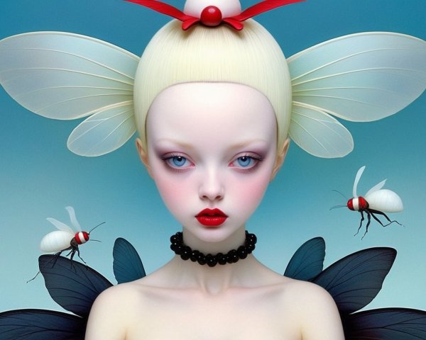 Stylized figure with butterfly wings and ethereal features