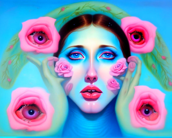 Ethereal Figure in Blue Background with Surreal Features