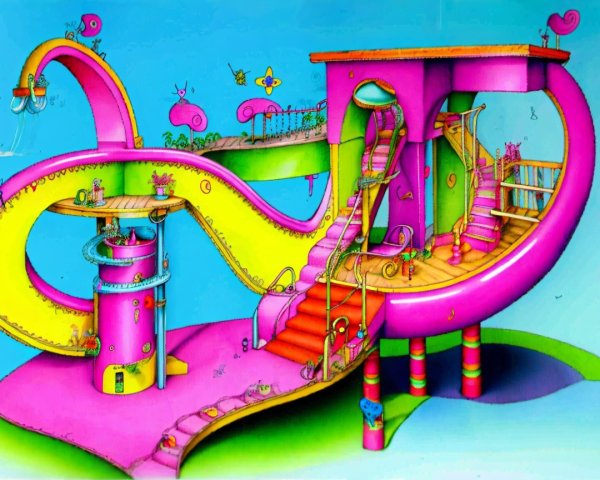 Whimsical Playground with Colorful Slides and Structures