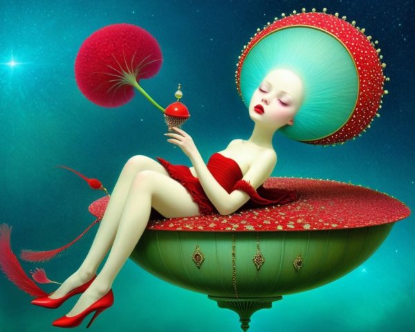 Surreal figure in ornate bowl with vibrant colors