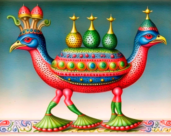 Colorful Camel-Like Creature with Ornate Bottles