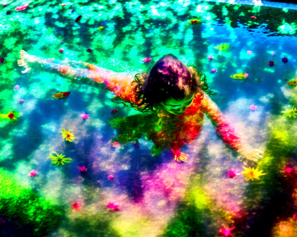 Child swimming in a colorful flower-adorned pool