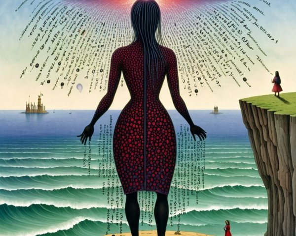 Silhouette of a Woman on a Cliff with Vibrant Patterns