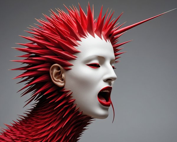 Hyper-realistic close-up of a surreal white-faced figure