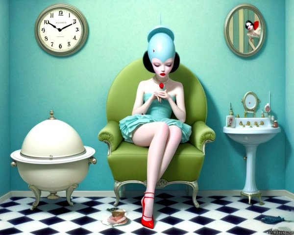Doll-like Character in Aqua Room with Artichoke Chair