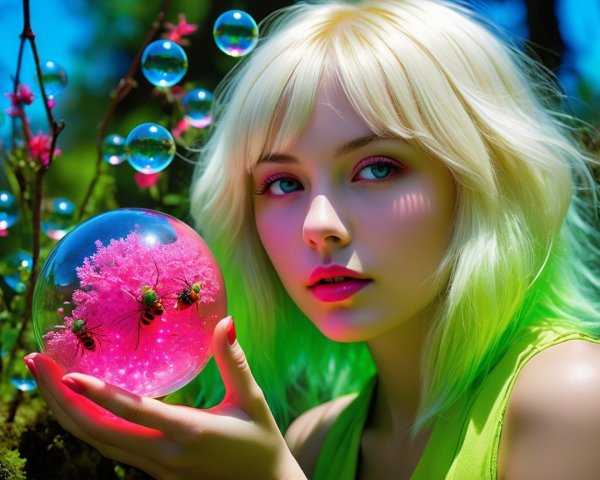 Young woman with blonde hair in a dreamy landscape