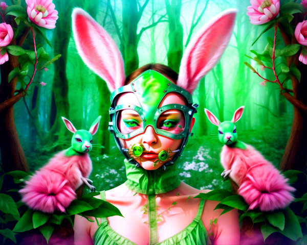 Green and Pink Rabbit in a Fantastical Forest Scene