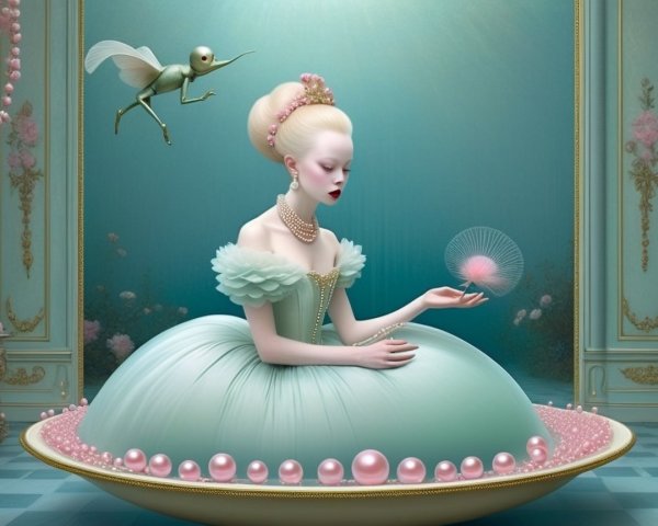 Serene figure in aqua gown with whimsical fairy above
