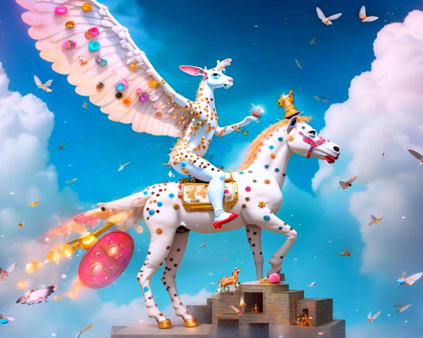 Whimsical Scene of a Winged Rabbit on a Horse