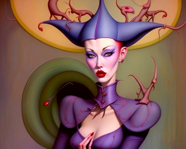 Surreal Portrait of a Woman with Bold Makeup and Hat