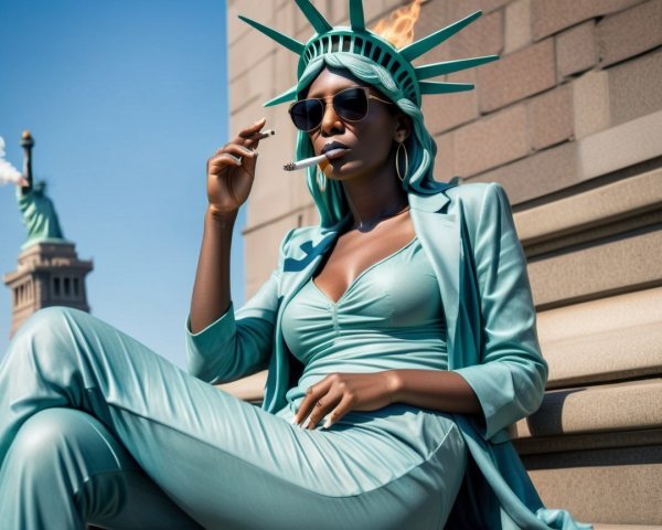 Modern Figure in Turquoise Outfit on Steps with Statue
