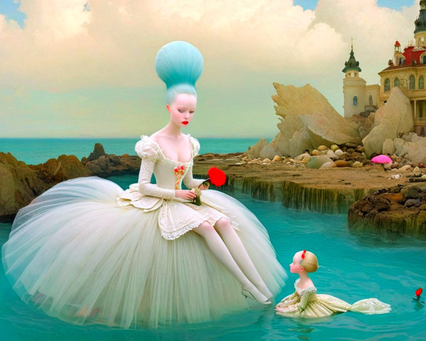 Whimsical Scene of Dolls in Turquoise Lake Setting
