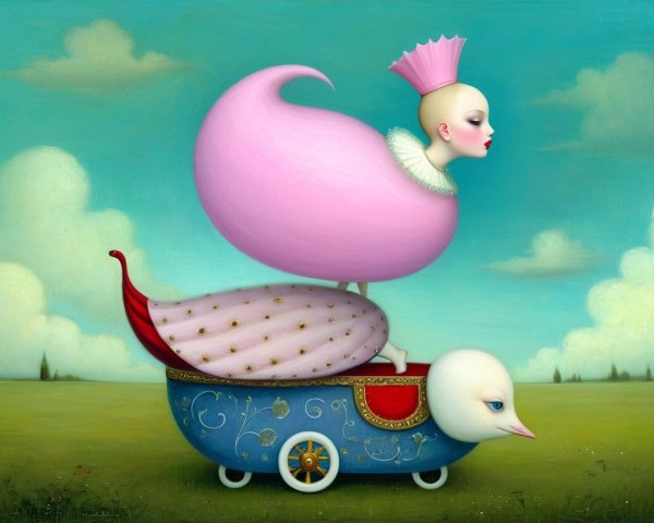 Surreal Scene with Pink Figure on Ornate Blue Cart