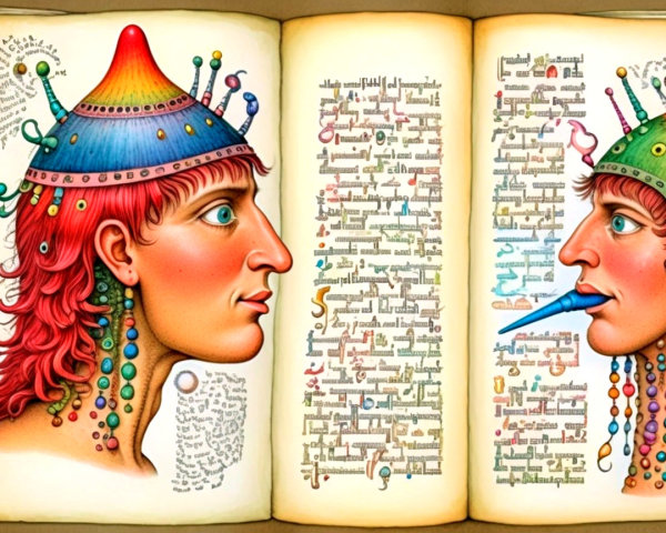 Illustrated Book Pages with Colorful Headdresses and Symbols