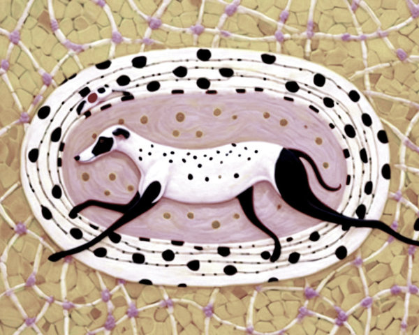 Abstract Painting of a Dog and Snake in a Stadium