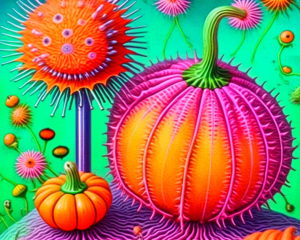 Surreal Landscape with Whimsical Pumpkins and Sky