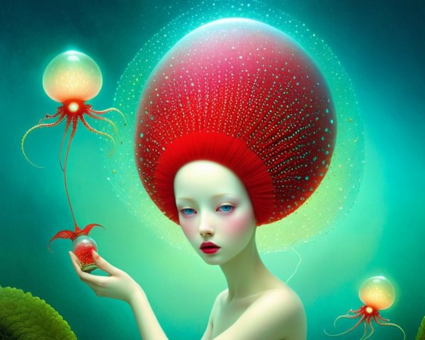 Surreal Scene with Mushroom Headdress and Orbs