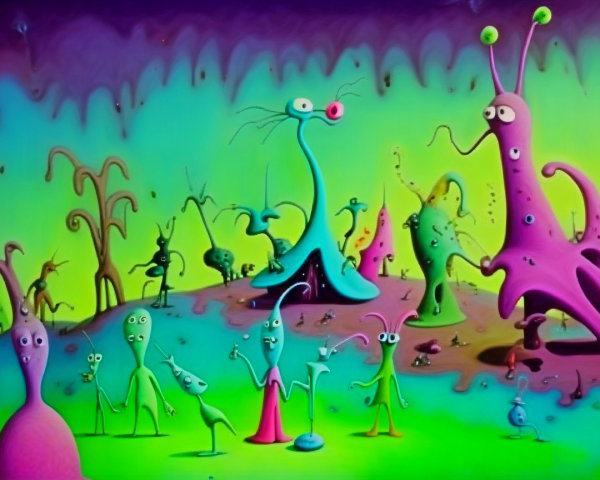 Whimsical Alien Landscape with Colorful Creatures