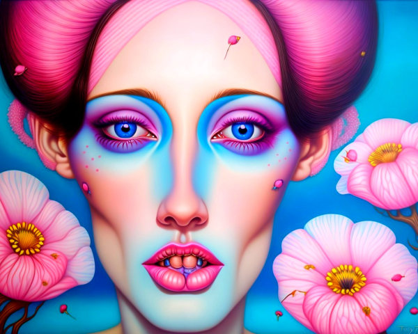 Close-Up Portrait of a Woman with Blue Eyes and Pink Tones
