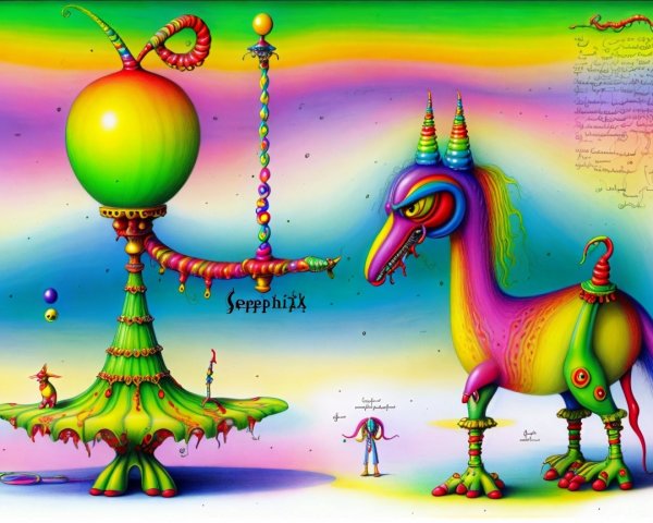 Vibrant Surreal Landscape with Whimsical Creatures