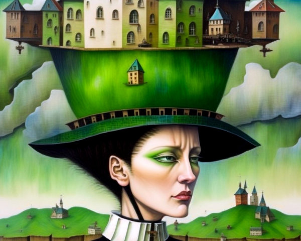 Surreal Oil Painting of Woman with Frying Pan Hat