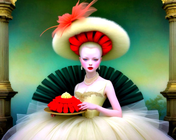 Old Painting of Woman in Yellow Skirt and Hat