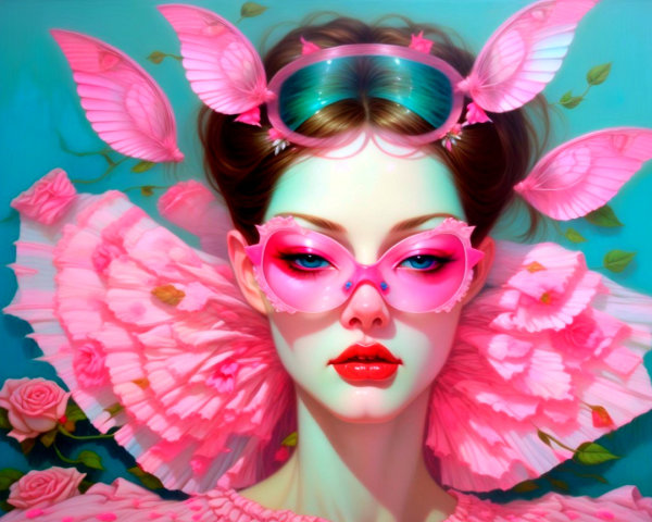 Vibrant Artwork of Woman with Unique Accessories and Wings