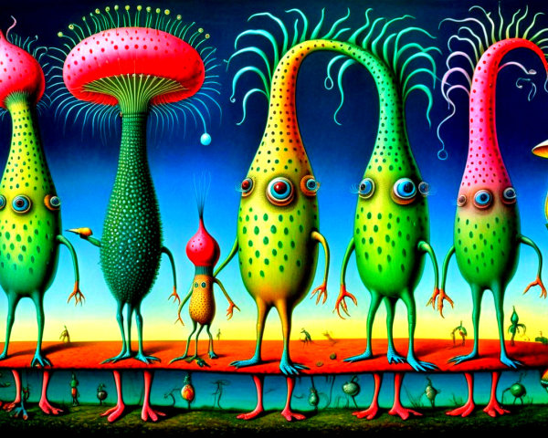 Colorful Fantastical Creatures in Surreal Landscape