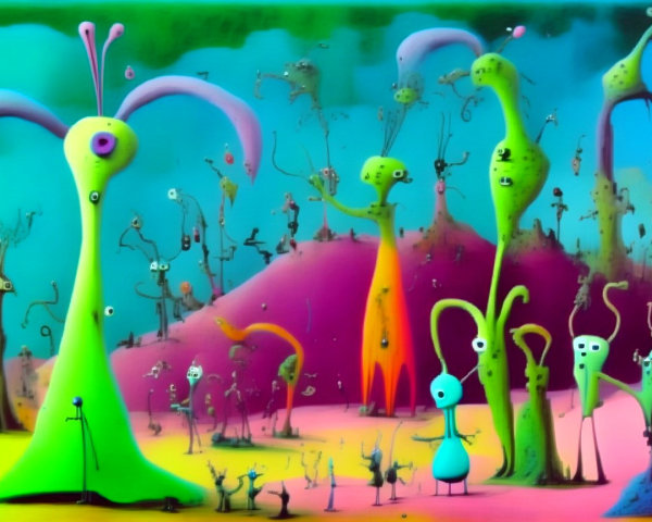 Surreal Landscape with Whimsical Alien Creatures