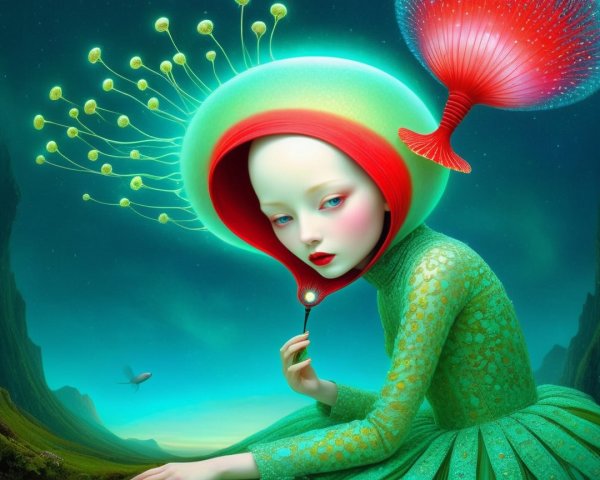 Surreal Figure in Dreamlike Landscape with Vibrant Dress
