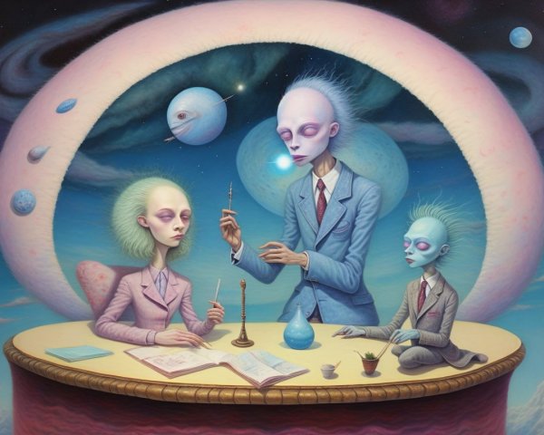 Alien Figures in Cosmic Setting Engaged in Experimentation