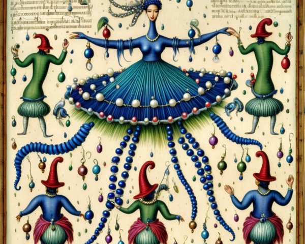 Whimsical Figure with Gnomes in Vibrant Scene