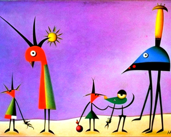 Colorful Painting of Whimsical Anthropomorphic Figures
