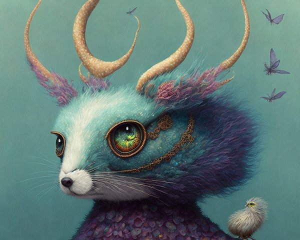Whimsical creature with turquoise fur and antlers
