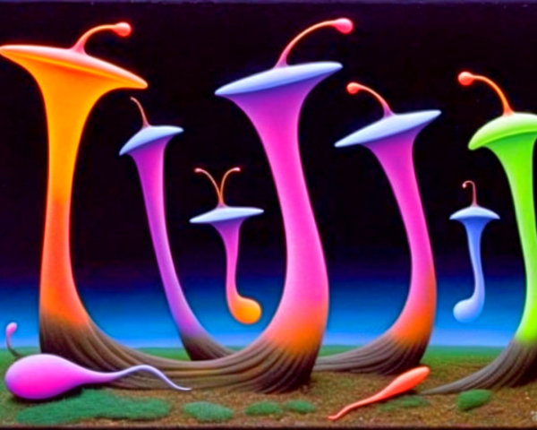 Bioluminescent Night Landscape with Trumpet-Shaped Structures