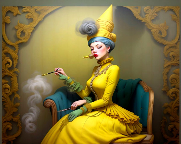 Retro-Futuristic Painting of a Woman in Vibrant Attire