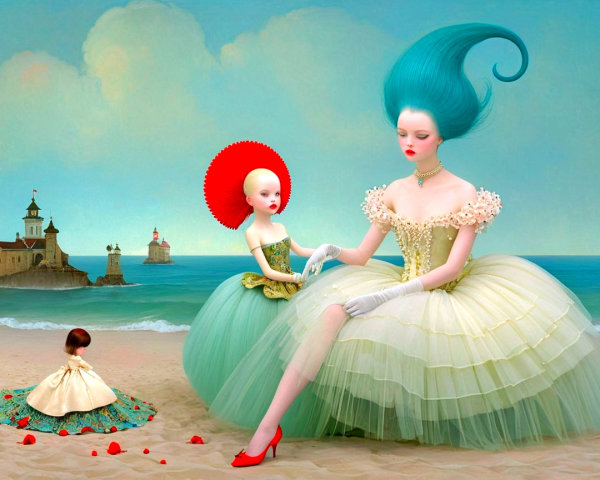 Surreal Painting of Doll-Like Figures on Beach