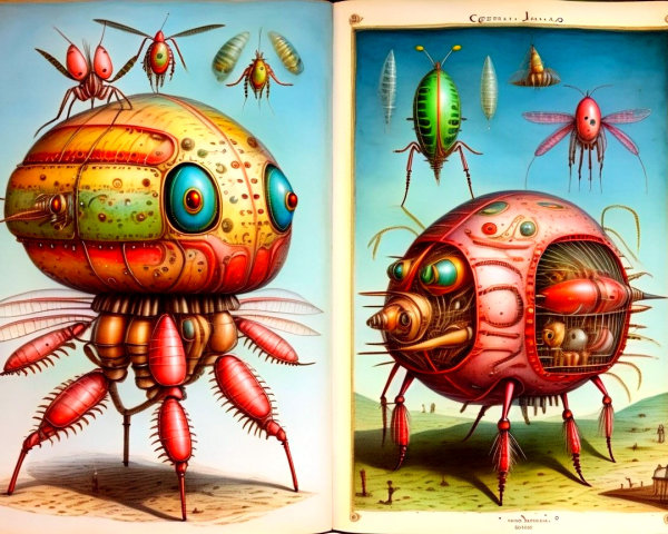 Whimsical Insect-Inspired Robots in Surreal Landscape