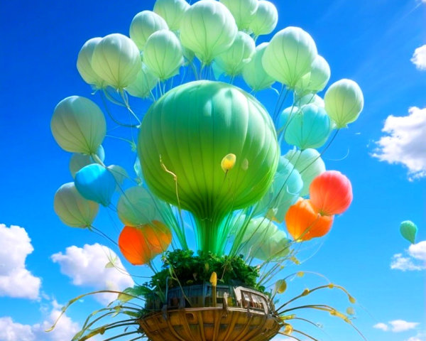 Whimsical Floating Structure Above Serene Landscape