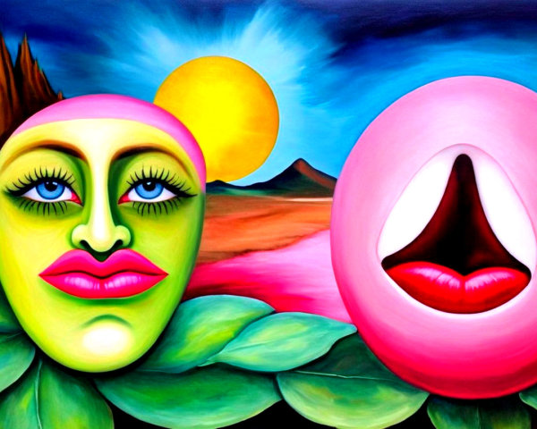 Surrealist Landscape with Stylized Faces and Desert Scene