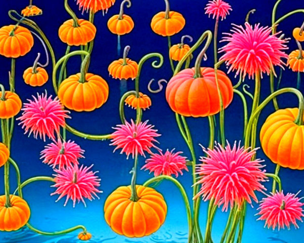 Whimsical Artwork of Pumpkins and Flowers on Blue Background