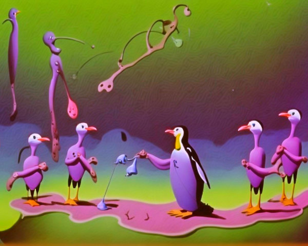 Abstract Oil Painting of Penguin and Purple Creature