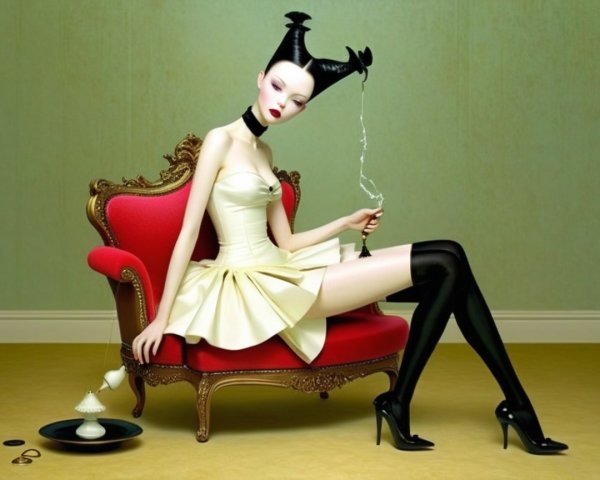 Elegant figure in white dress on red chair