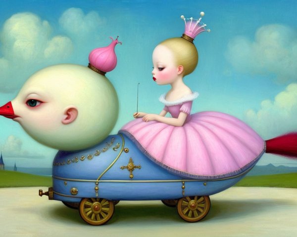Surreal Scene of Girl on Colorful Bird-Like Creature