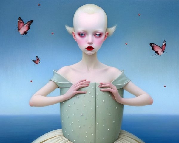 Surreal Portrait of a Pale Woman with Butterflies